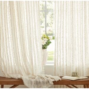 Primrose Linen Sheer Curtains 84 Inch Length White Fringe Tassel 2 Panels